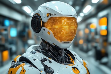 Futuristic robot head with illuminated visor in a tech environment.