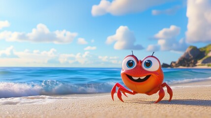 Obraz premium Adorable Cartoon Crab on a Sunny Beach