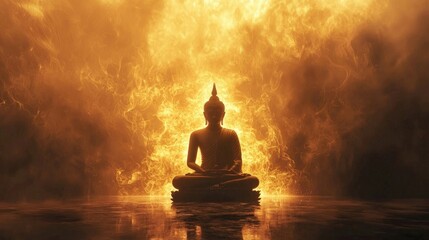 Radiant Buddha surrounded by glowing cosmic energy and vibrant golden light. Spiritual enlightenment and divine energy in a celestial environment. Generative by AI