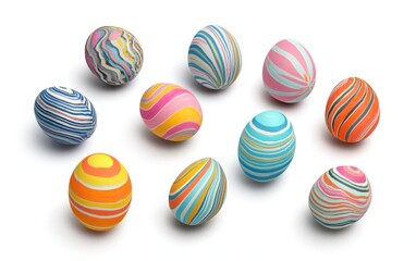 Obraz premium Colorful striped Easter eggs isolated on a white background, top view. Easter holiday concept. Flat lay. A lot of colorful striped Easter eggs.