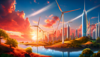 In this era of technological advancements, the union of wind turbines and solar panels within a power plant symbolizes humanity's commitment to a sustainable future. sunset view