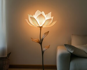 Elegant flower-shaped lamp illuminating a cozy living room corner with soft light.