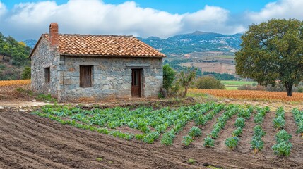 Stone cottage with vegetable garden in rural landscape.