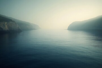 Fototapeta premium Serene coastal landscape with hazy sunlight.