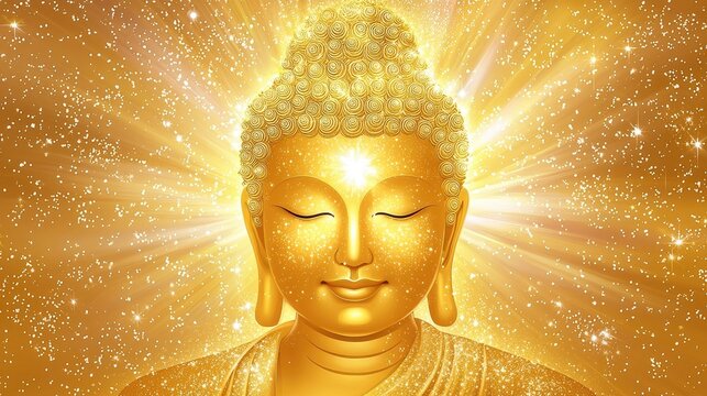 Golden Buddha statue glowing against a vibrant light-filled background. Spirituality, peace, and enlightenment themes. Generative by AI.