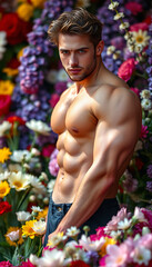 a handsome man on the flowers pile