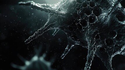 Spiky metallic virus floating in darkness, resembling a futuristic biological form. Abstract and mysterious design. Generative by AI.