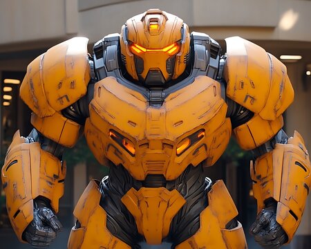Powerful yellow robot in urban setting.