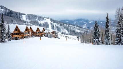 Naklejka premium Picturesque Ski Resort with Mountain Lodge and Ski Lift in Winter Wonderland