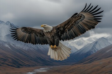 Fototapeta premium Majestic eagle soaring over rugged mountains under a cloudy sky in a breathtaking landscape