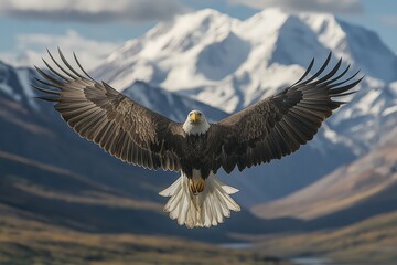 Naklejka premium Bald eagle soaring over snow-capped mountains during clear daylight in a vast wilderness area