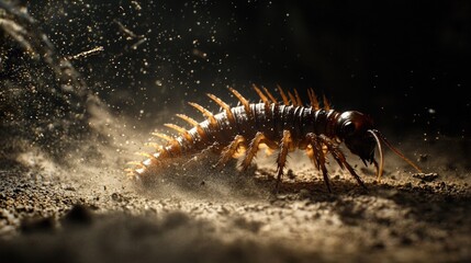 Fototapeta premium Centipede crawling on soil, illuminated by golden particles in a dark environment. Macro view of nature and insects. Generative by AI.