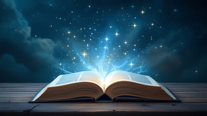 Image of open antique book on wooden table with glitter overlay.