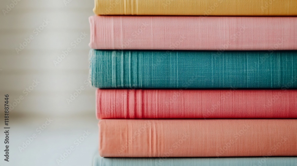 Poster colorful stack of textbooks and literature with visible titles isolated on plain background
