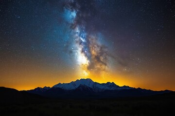 Starry night sky over mountain range with vibrant Milky Way in clear atmosphere