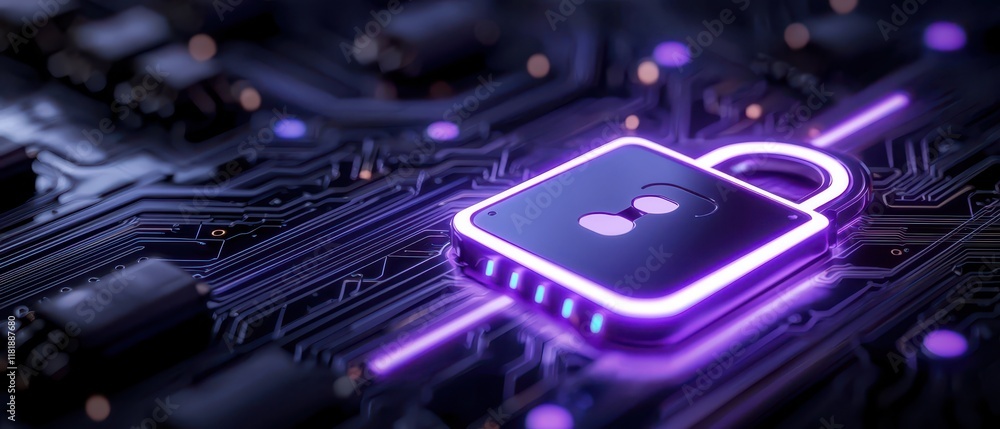 Poster close-up of a digital lock symbol on a circuit board, representing cybersecurity concepts.