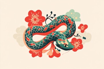Obraz premium Calligraphy, Traditional Chinese knot, Cute snake, Chinese New year, Lunar new Year , Spring Festival , flat illustration
