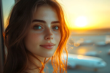 Young woman at the airport before boarding a flight