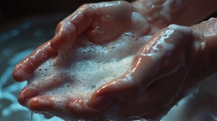 Fototapeta premium Foamy soap covering hands under soft light, symbolizing cleanliness and hygiene. Generative by AI.