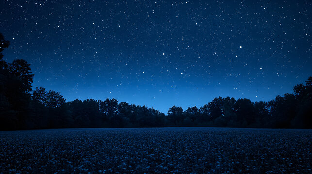 Dark blue night sky filled with stars above a tree-filled landscape