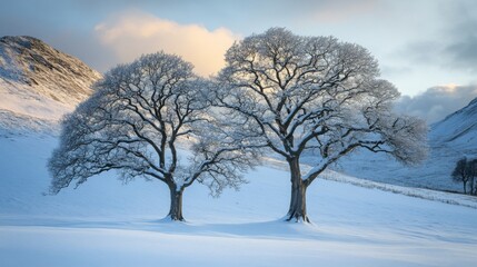 Fototapeta premium Two majestic trees stand side by side in a serene snowy landscape. Their intricate branches reach toward the sky. A winter wonderland scene unfolds. Generative AI