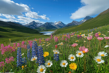 Fototapeta premium Colorful wildflower meadow with snowy mountains and clear lake under a blue sky in springtime