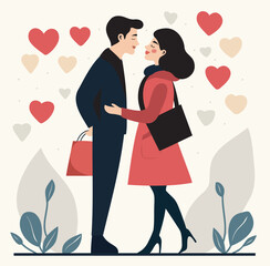 A couple in love, a guy and a girl, give each other gifts against the background of hearts. Valentine's Day, Family Day. Vector illustration. For love sites, invitations, dating apps, posters, banners
