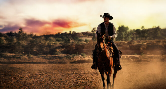 Young CowBoy riding his brown horse while riding through the desert. - Powered by Adobe