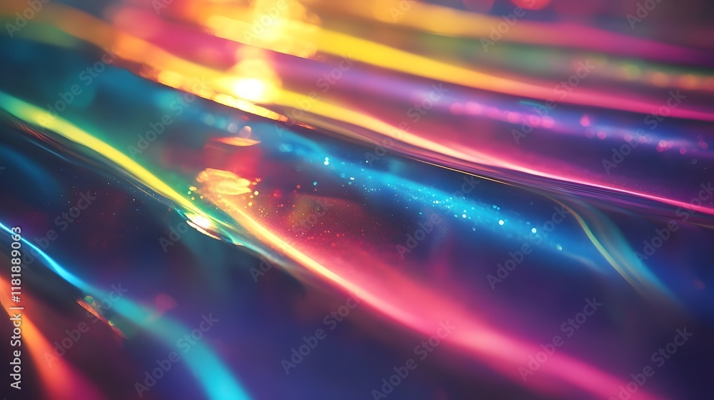 Poster captivating abstract digital art showcasing a fluid shimmering rainbow of prism light with vibrant t