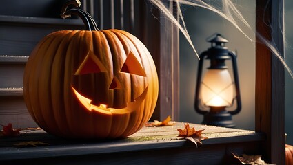 Spooky Halloween Pumpkin with Carved Face, Spider Web, and Bats - Perfect for Halloween Decorations and Celebrations