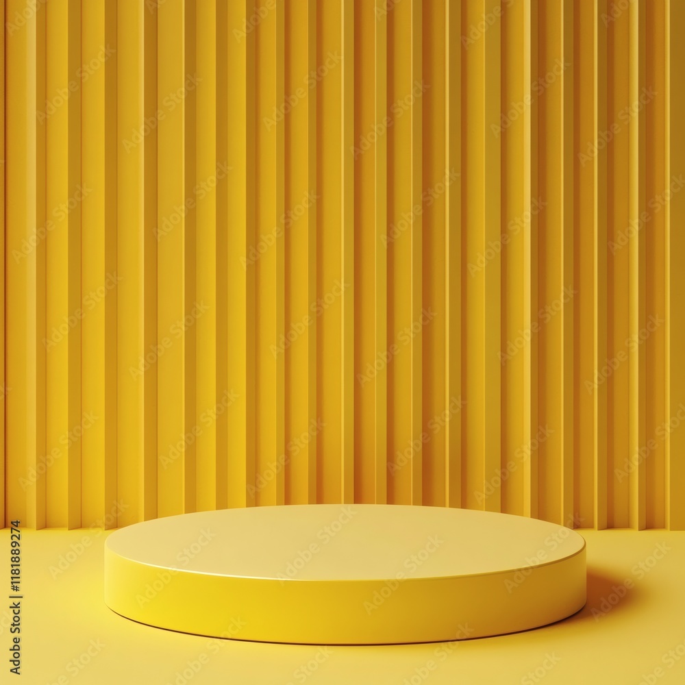 Poster minimalist display with a vibrant yellow background and matching yellow circular pedestal on slightl