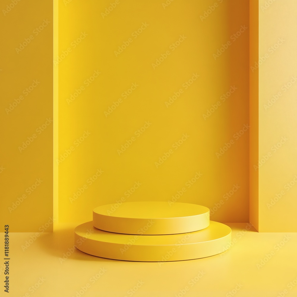 Poster minimalist display with a vibrant yellow background and matching yellow circular pedestal on slightl