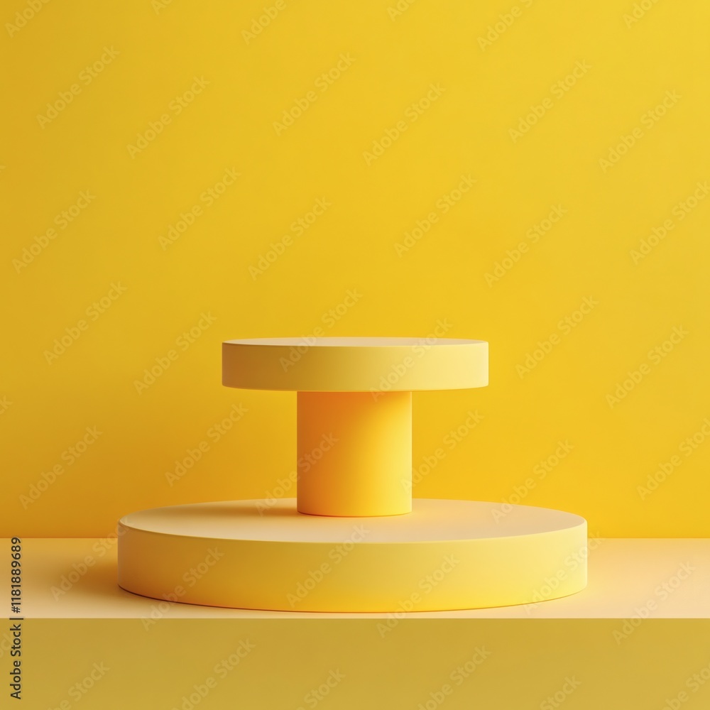 Poster minimalist display with a vibrant yellow background and matching yellow circular pedestal on slightl