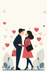  Boy and girl giving each other gifts on the background of hearts. Valentine's Day, Family Day. Vector illustration with space for text. For love sites, invitations, dating apps, posters, banners