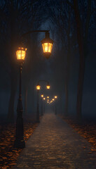 Enchanting pathway at night, glowing gas lamps illuminating a misty autumnal lane.  Mysterious and atmospheric scene.