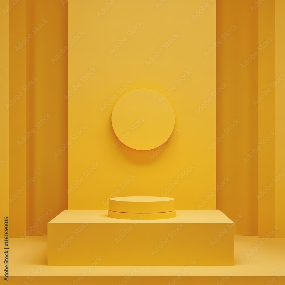 Poster minimalist display with vibrant yellow background and matching yellow circular pedestal on slightly 