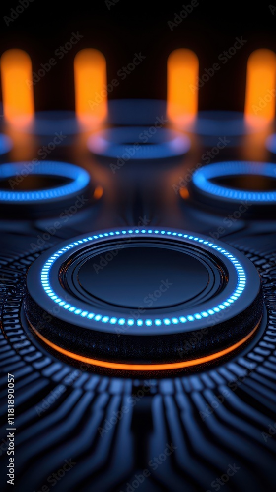 Poster futuristic control panel with glowing buttons and intricate circuitry design.