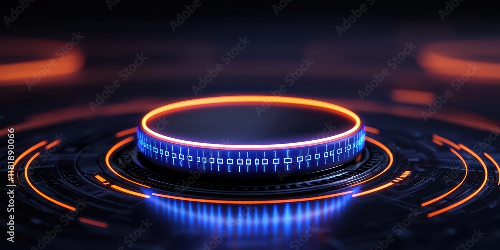 Poster futuristic control panel with glowing circles and digital interface elements.