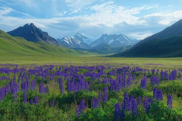 Obraz premium Vibrant wildflower field under a blue sky in a mountain valley during springtime