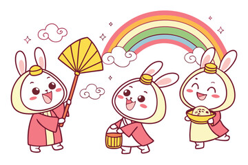 Cartoon Japanese deities, colorful chibi gods, cute Shinto kami, playful mythological characters, whimsical divine beings, kawaii spiritual figures, traditional Japanese folklore, adorable cultural ic