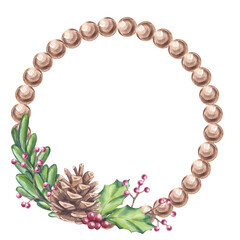 Christmas round wreath frame. Branch forest fir pine with cone, holly red berries, ilex twig. Botanical floral composition. New Year symbols. Hand draw watercolor illustration isolated background