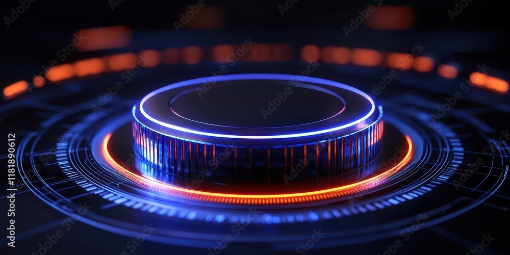 Poster futuristic interface with glowing buttons and vibrant colors for tech-related designs.