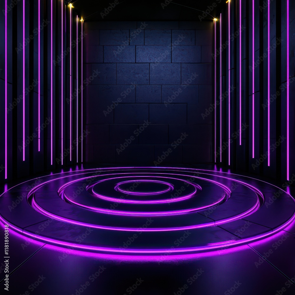 Poster futuristic neon lights create a vibrant, immersive space with circular patterns.