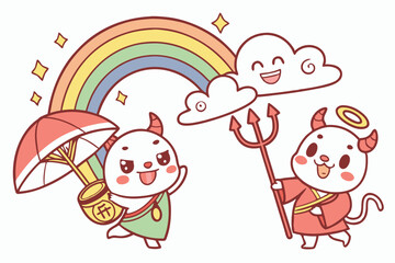 Cartoon Japanese deities, colorful chibi gods, cute Shinto kami, playful mythological characters, whimsical divine beings, kawaii spiritual figures, traditional Japanese folklore, adorable cultural ic