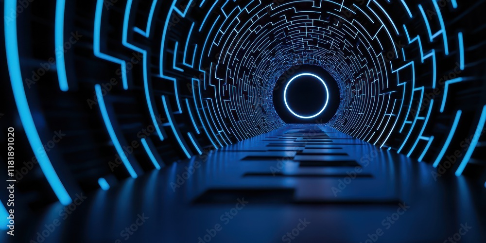 Poster futuristic tunnel design with glowing blue lines and circular opening in perspective view.