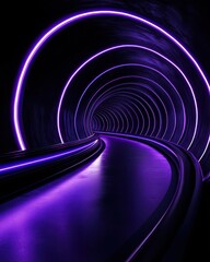 Futuristic tunnel illuminated with glowing purple lights, creating a surreal atmosphere.