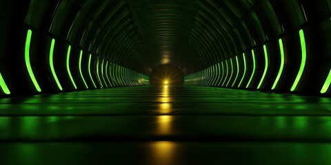 Naklejka premium Futuristic tunnel illuminated with green lights creates a mysterious and sleek atmosphere.