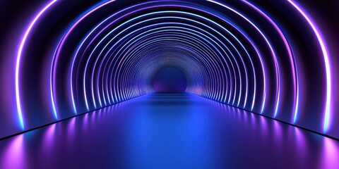 Futuristic tunnel illuminated with vibrant neon lights and reflections on the floor.