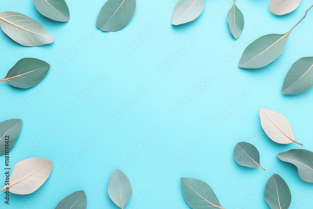 Sticker Fresh Green Leaves on Aqua Background