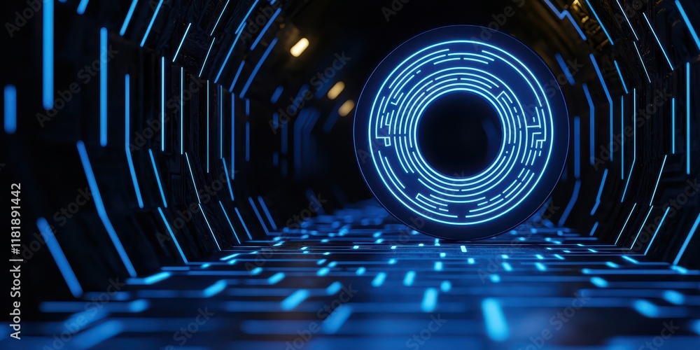 Poster futuristic tunnel with glowing digital patterns and a central circular design.